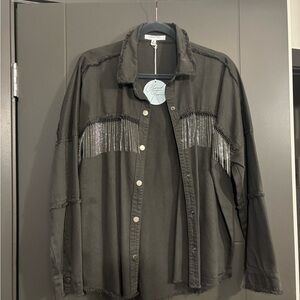 Grey Fringe Button-Up Shirt